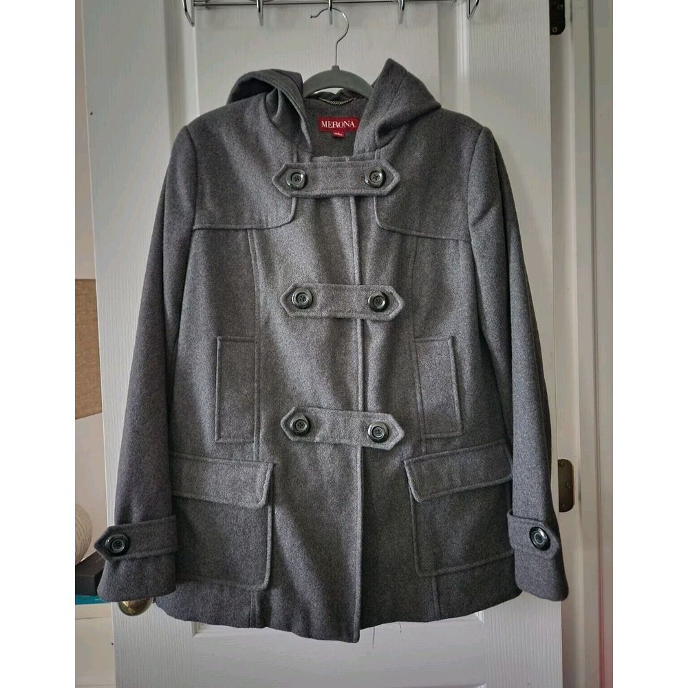 MERONA Womens Coat Gray Wool Jacket Hood Pockets Size‎ L